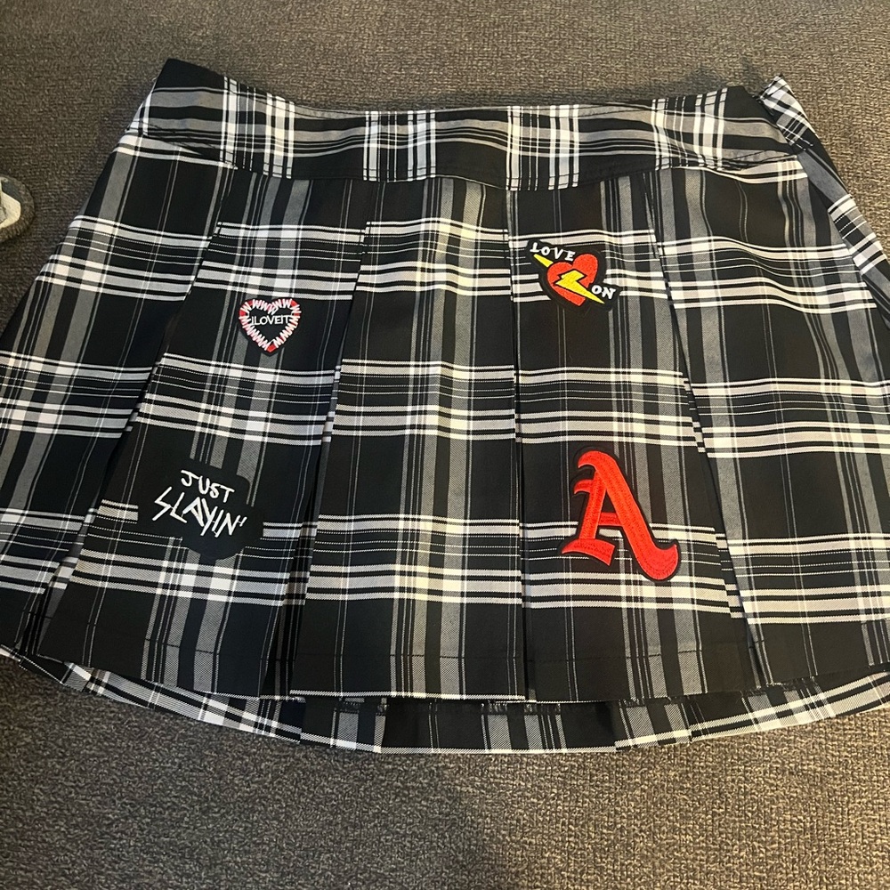 No Boundaries Black & White Plaid Mini Skirt with Red Patch Accents